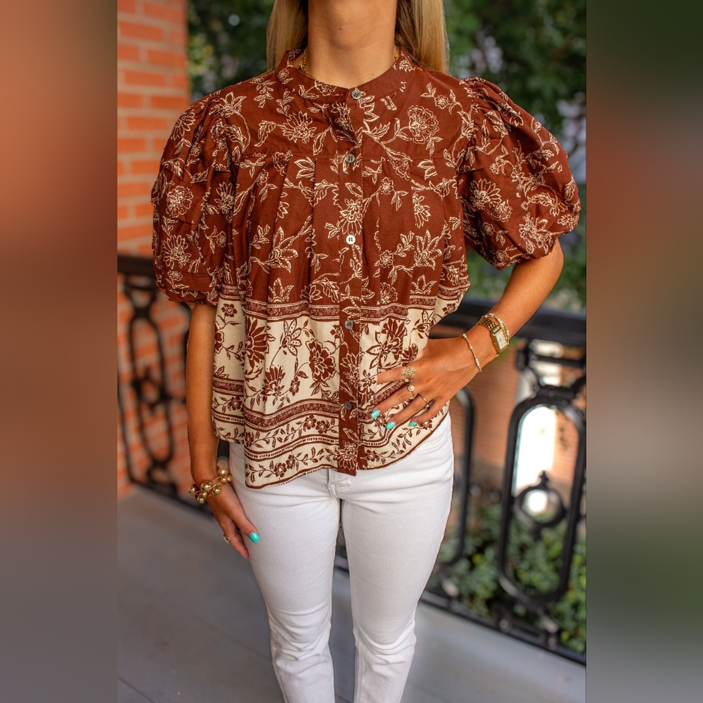 Olivaceus Floral Bohemian Top 100% Cotton Size M NWOT